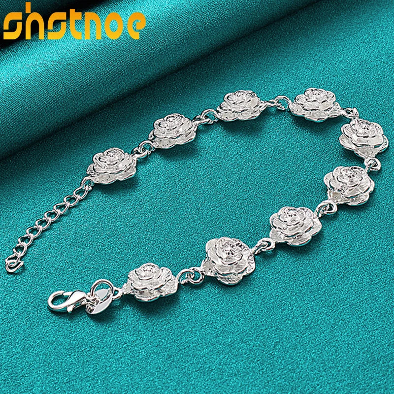 925 Silver Rose Flower Chain Bracelet Women Party Engagement Wedding