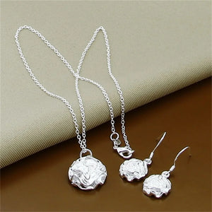 925 Silver Rose Flower Earrings Necklace Set For Women Wedding