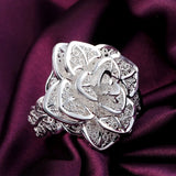 925 Silver Rose Flower Open Ring Hollow Out For Women Wedding Party