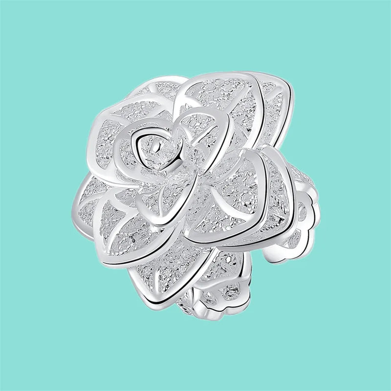 925 Silver Rose Flower Open Ring Hollow Out For Women Wedding Party