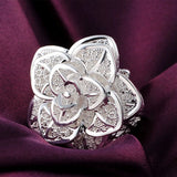 925 Silver Rose Flower Open Ring Hollow Out For Women Wedding Party
