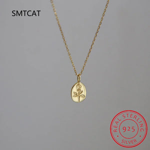 925 Silver Rose Flower Oval Necklace Women Sweater Chain French S-N933