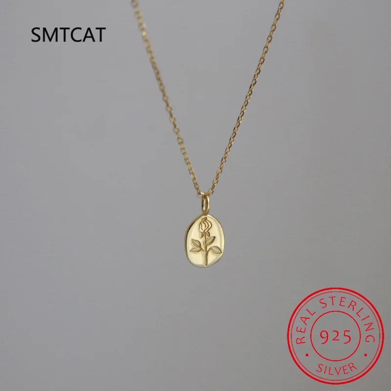 925 Silver Rose Flower Oval Necklace Women Sweater Chain French S-N933