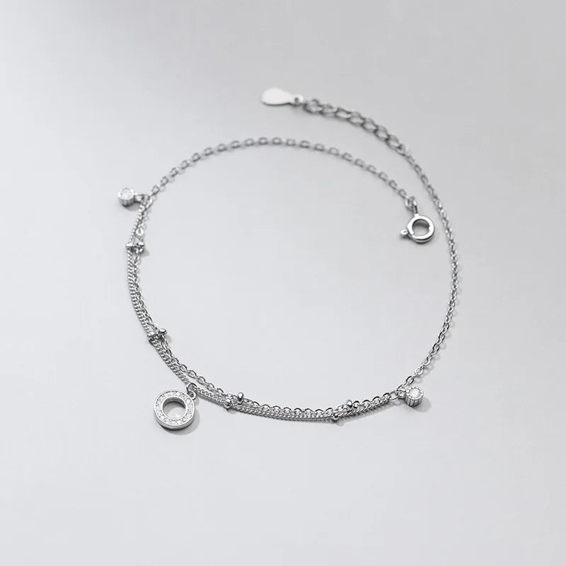 925 Sterling Silver Rose Circle Ankle Bracelet 21.5 CM Adjustable