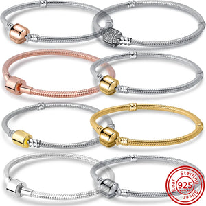 925 Silver Rose Gold Barrel Clasp Snake Chain Bracelet