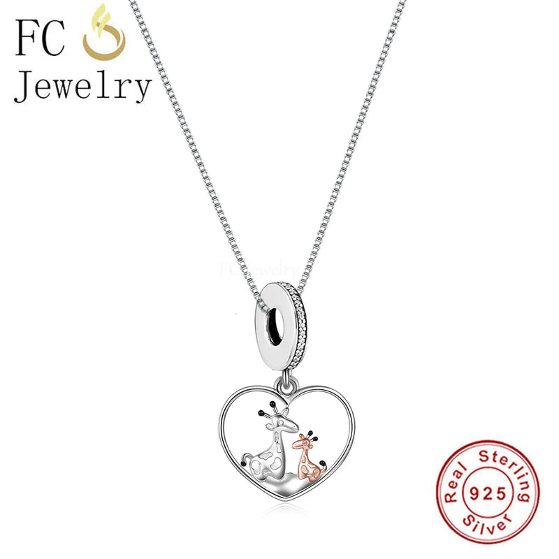 925 Silver Giraffe Mother and Baby Heart Pendant Necklace for Women