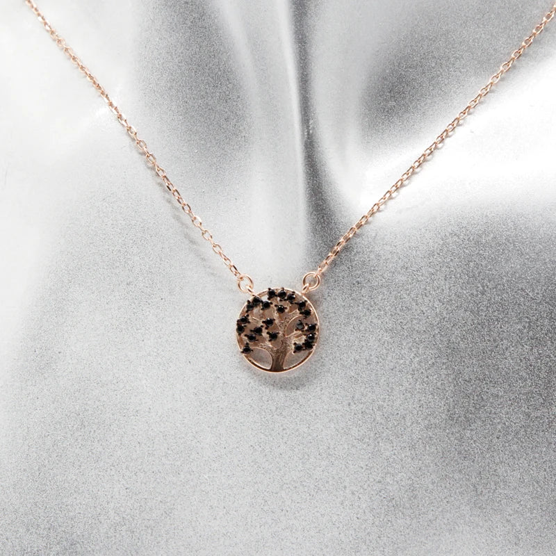 925 Silver Rose Plating Tree Pendant Necklace with CZ