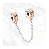925 Silver Rose Safety Chain Beads Charms Zircon Stones Heart Trinket