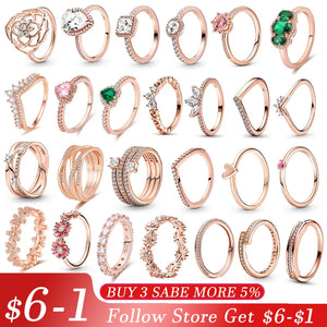 925 Silver Rose Series Stackable Rings with Zircon Heart-Shaped Flower