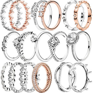 925 Silver Rose Wishbone Heart Crown Star Zircon Rings
