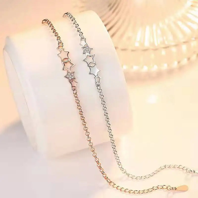 925 Silver/Rose Star Link Bracelet Star Charm Zircon Crystal Adjustable Chain