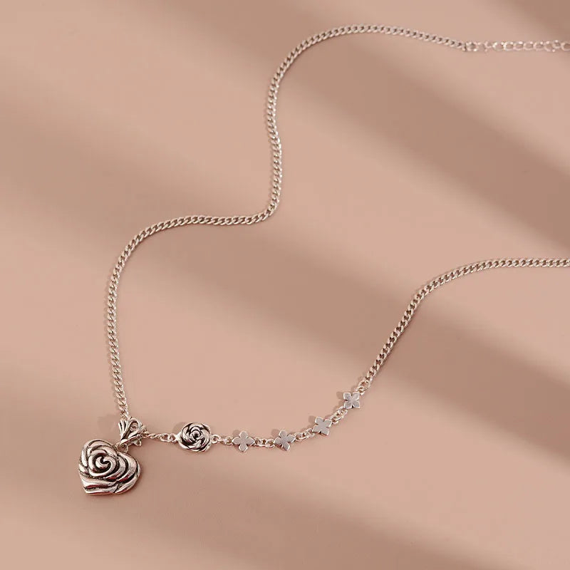 925 Sterling Silver Rose Heart Chain Choker Necklace For Women