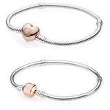 925 Silver Rose Clip Snake Chain Bangle European Charm Bead Bracelet