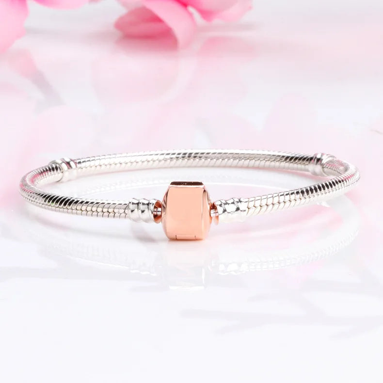 925 Silver Rose Clip Snake Chain Bangle European Charm Bead Bracelet