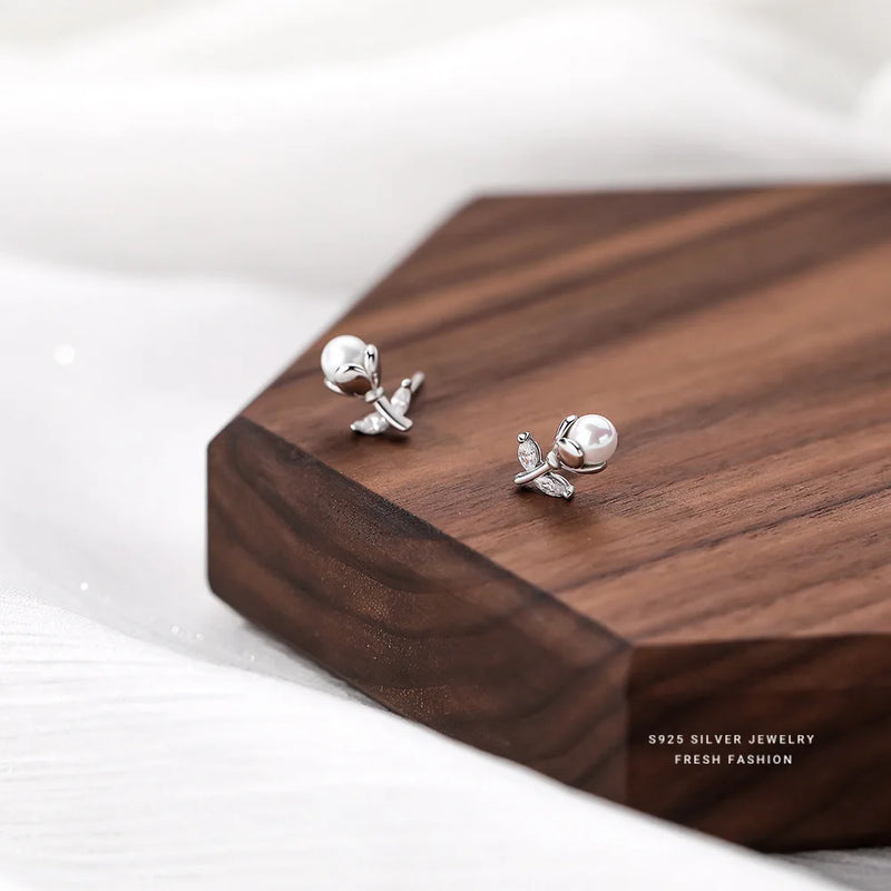 925 Silver Rose Pearl Flower Stud Earrings for Women