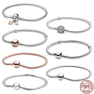 925 Silver Snake Bone Chain Rose Leaf Bracelet for Charms