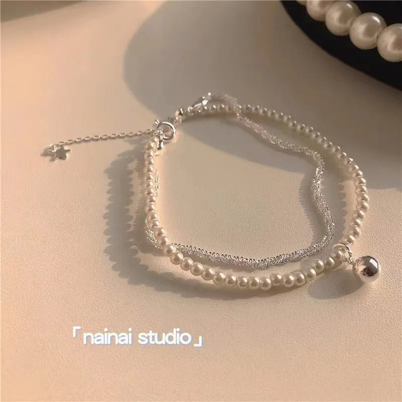 925 Sterling Silver Round Bead Double Layer Bracelet Charm Pearl Bracelet
