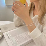 925 Sterling Silver Round Bead Double Layer Bracelet Charm Pearl Bracelet