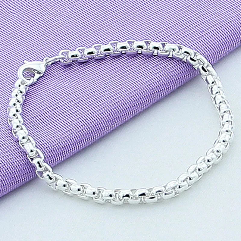 925 Sterling Silver Round Box Chain Bracelet For Women Charm Wedding