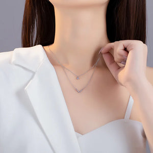 925 Silver Double Layer V-Shaped Necklace Multi-Layered Pendant Chain