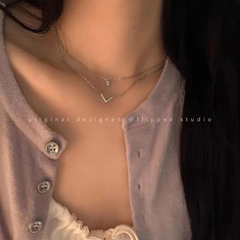 925 Silver Double Layer V-Shaped Necklace Multi-Layered Pendant Chain