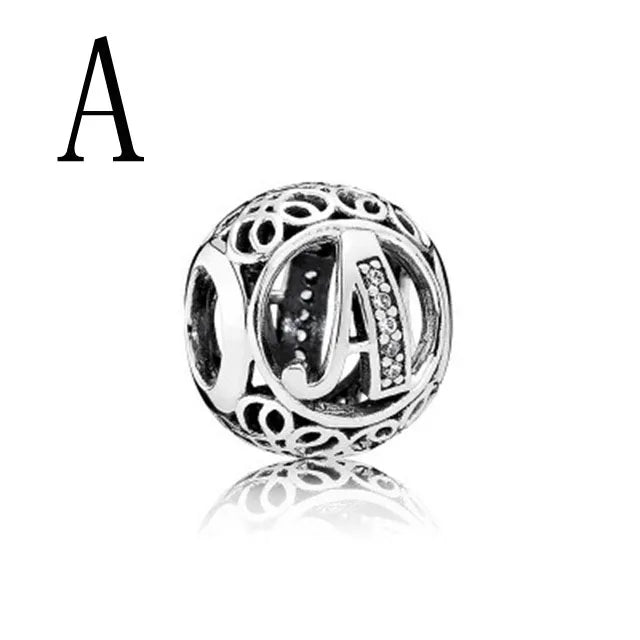 Sterling Silver Round Hollow A C D E M L N Zirconia Beads