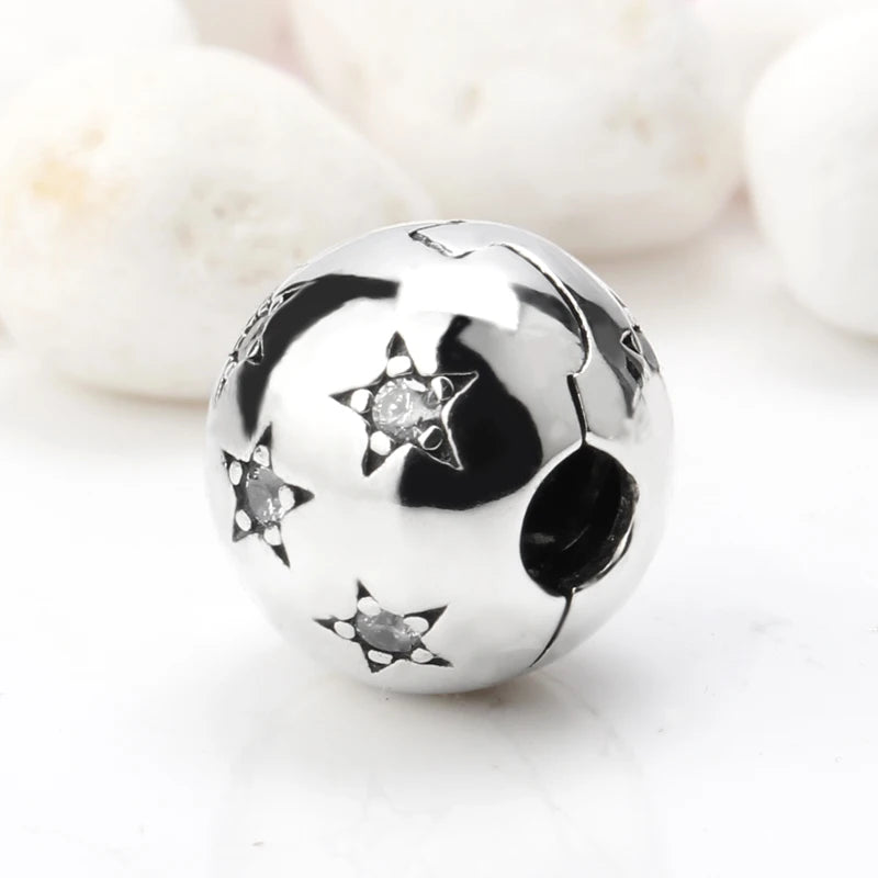 925 Sterling Silver Round Shape Clip Charm with CZ Stars Lock Beads