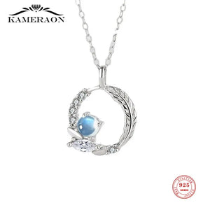 925 Silver Moonstone Feather Necklace CZ Pendant
