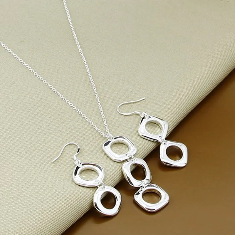 925 Sterling Silver Square Necklace Earring Set for Women