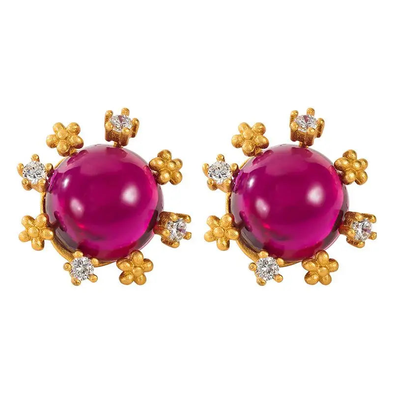 925 Silver Ruby Flower Stud Earrings For Women