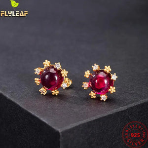 925 Silver Ruby Flower Stud Earrings For Women