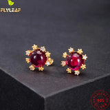 925 Silver Ruby Flower Stud Earrings For Women