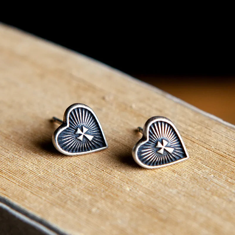 925 Silver Sacred Heart Cross Earrings Religious Totem Self-Designed Jewelry