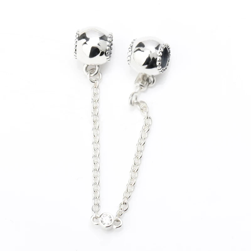 925 Sterling Silver Safety Chain Drum Shape Bead Charm for Bracelet Bangle