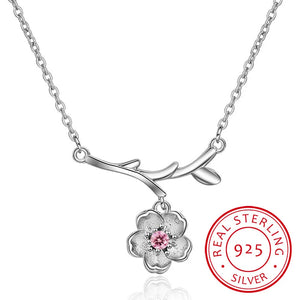 925 Silver Sakura Flower Pendant Necklace Cherry Blossoms Choker Chain Jewelry