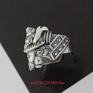 925 Silver Samurai Cat Rings Christmas Gift Men Women Jewelry Charms