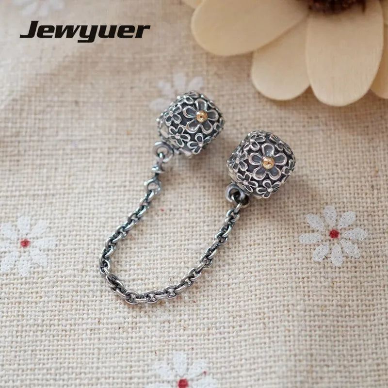 925 Silver Screw Lock Safety Chain Charms Golden Flower for Bracelet DIY