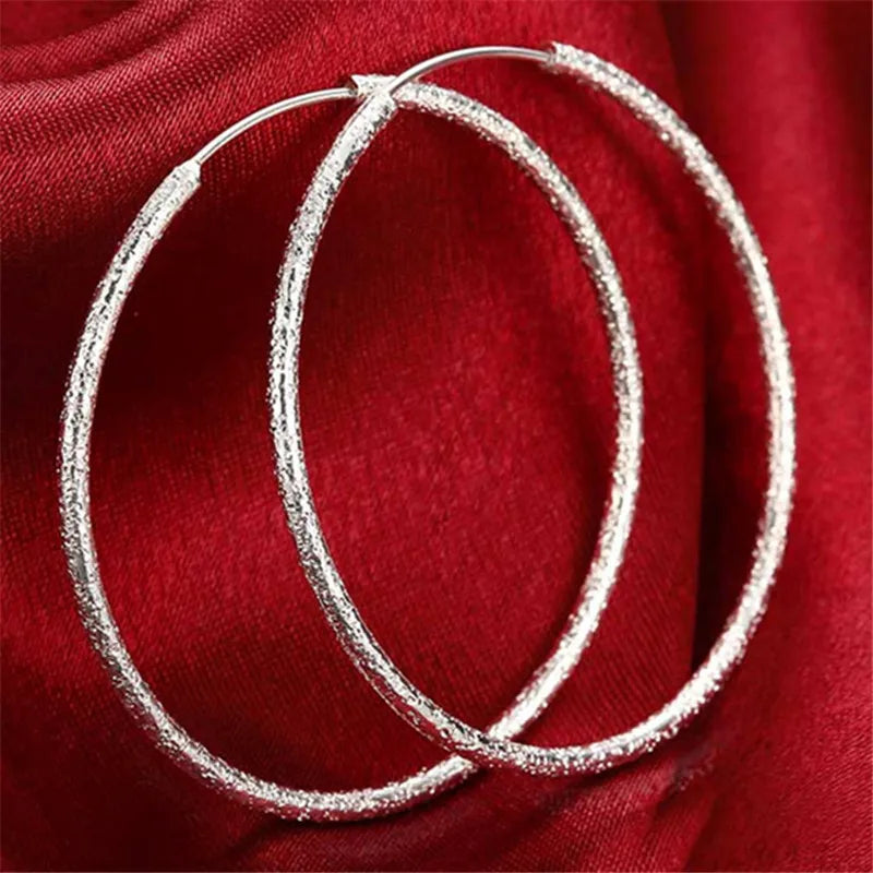 925 Silver Scrub Matte Round Circle 50mm Big Hoop Earrings Women Jewelry