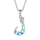 Sterling Silver Opal Fish Hook Pendant Necklace for Women Men