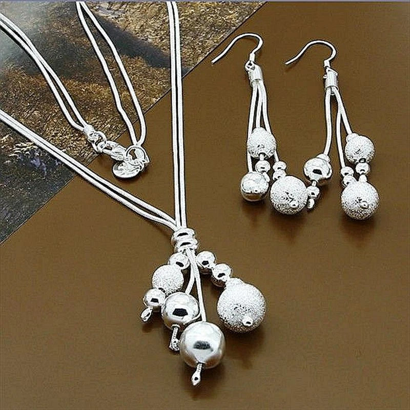 925 Silver Round Beads Necklace & Earrings Set for Women