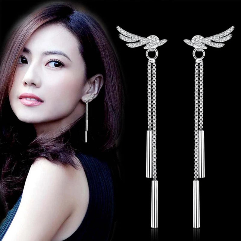 925 Silver Zircon Wings Tassel Drop Earrings for Women