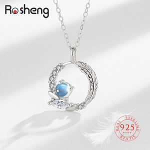 925 Silver Moonstone Feather Necklace CZ Stone Pendant