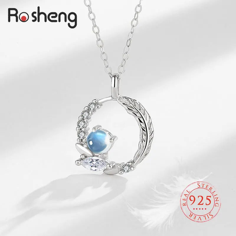 925 Silver Moonstone Feather Necklace CZ Stone Pendant