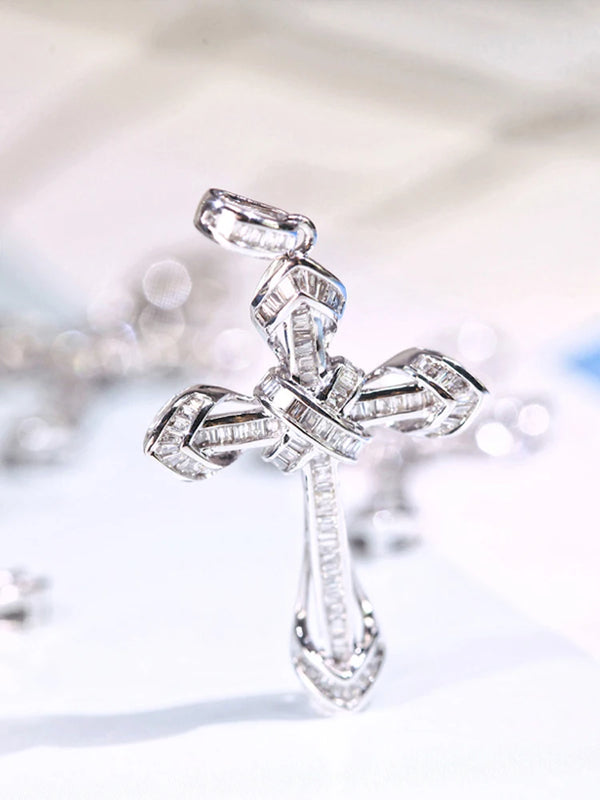 925 Silver Zircon Cross Pendant Necklace Sparkling Wedding Jewelry Gift