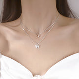 925 Silver Butterfly Tassel Necklace Double Layer Pendant