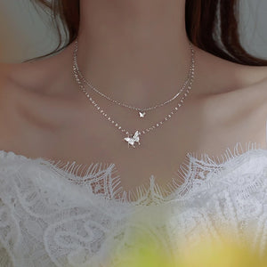 925 Silver Butterfly Tassel Necklace Double Layer Pendant