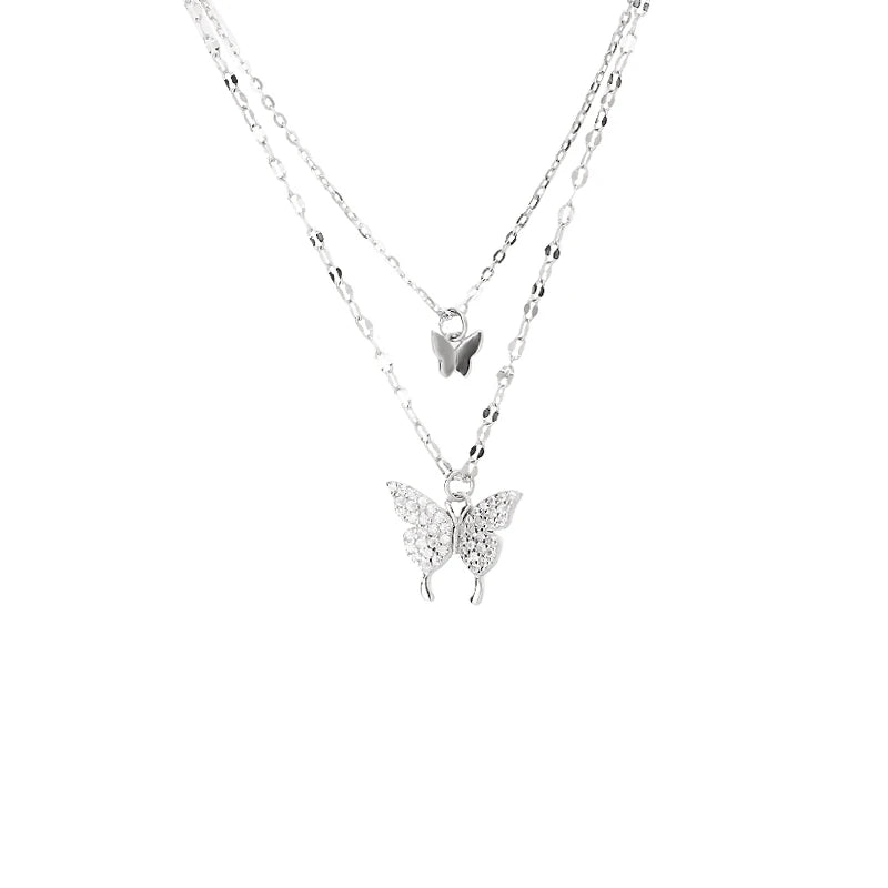 925 Silver Butterfly Tassel Necklace Double Layer Pendant