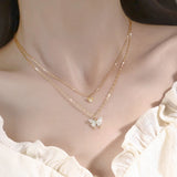 925 Silver Butterfly Tassel Necklace Double Layer Pendant