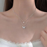 925 Silver CZ Butterfly Necklace Double Layer Clavicle Chain Necklace S-N173