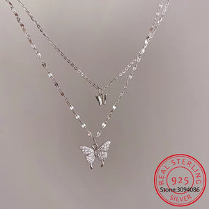 925 Silver CZ Butterfly Necklace Double Layer Clavicle Chain Necklace S-N173